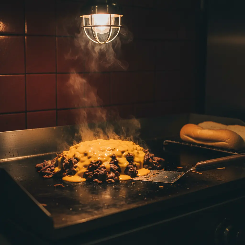 Thin-shaved ribeye and molten American cheese on a hot flat-top griddle
