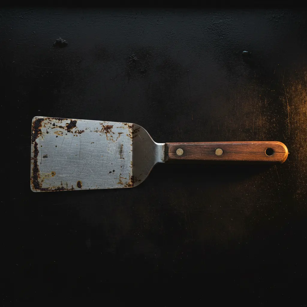 A well-worn steel spatula on the seasoned griddle