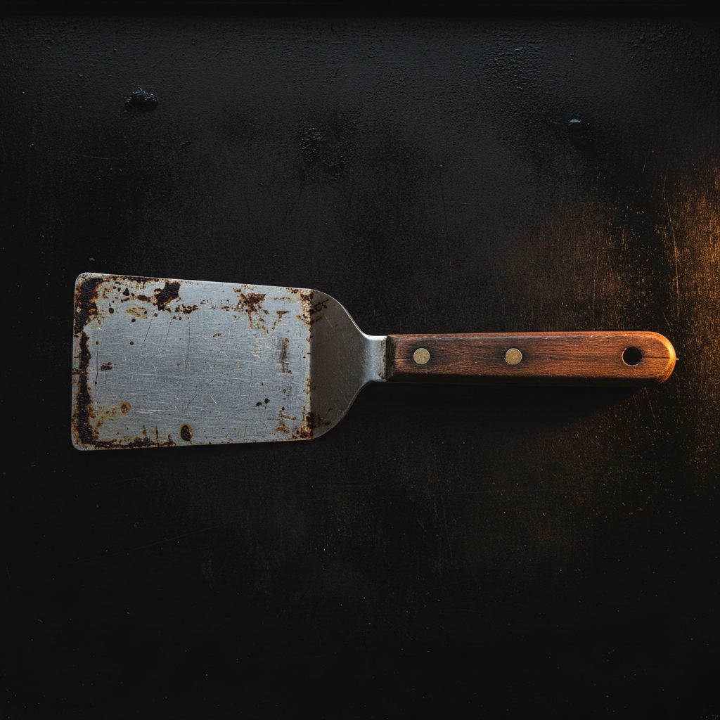 A well-worn steel spatula on the seasoned griddle